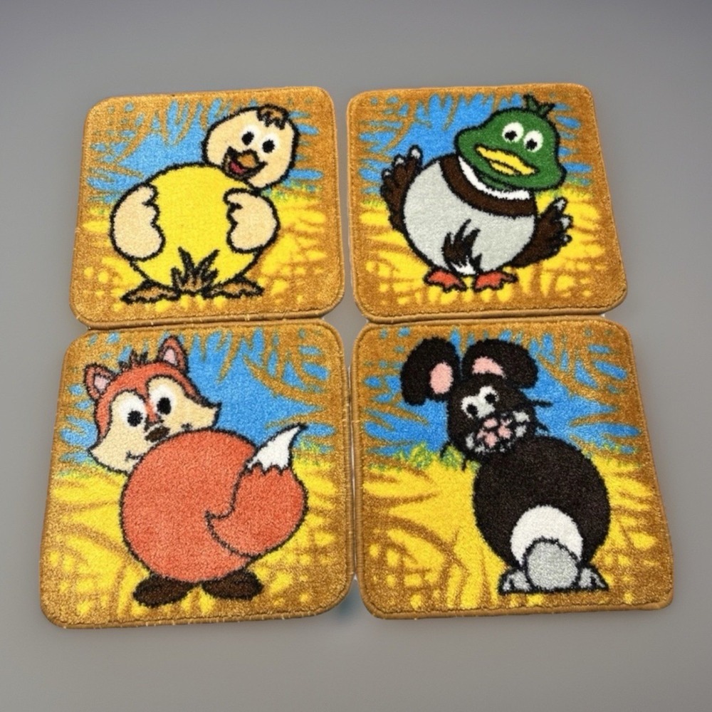 Vintage 70s Latch Hook Farm Animal Rugs Set of 7 Fox Duck Pig Bunny Horse Cow